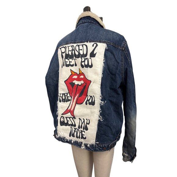 Aeropostale Denim Sherpa Jacket Upcycled Rolling Stones Hand Painted Graphic Art - Picture 10 of 13